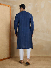 Striped Embroidered Mandarin Collar Thread Work Straight Kurta With Trousers