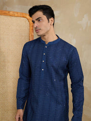 Striped Embroidered Mandarin Collar Thread Work Straight Kurta With Trousers