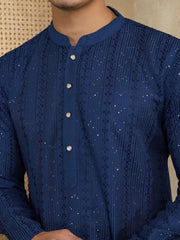 Striped Embroidered Mandarin Collar Thread Work Straight Kurta With Trousers