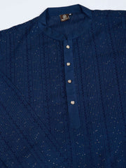Striped Embroidered Mandarin Collar Thread Work Straight Kurta With Trousers