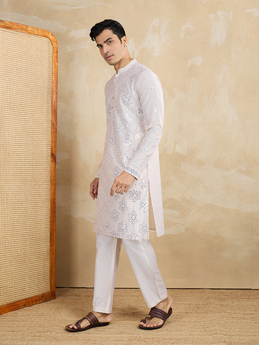 Floral Embroidered Sequinned Mandarin Collar Silk Straight Kurta