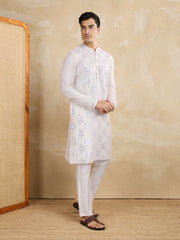 Floral Embroidered Sequinned Mandarin Collar Silk Straight Kurta