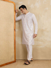 Floral Embroidered Sequinned Mandarin Collar Silk Straight Kurta