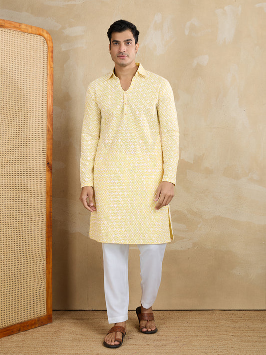 Floral Embroidered Chikankari Shirt Collar Straight Kurta With Trousers