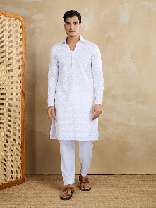 Floral Embroidered Chikankari Shirt Collar Straight Kurta With Trousers