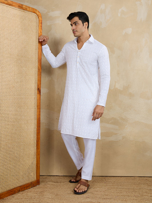 Floral Embroidered Chikankari Shirt Collar Straight Kurta With Trousers