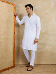 Floral Embroidered Chikankari Shirt Collar Straight Kurta With Trousers