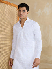Floral Embroidered Chikankari Shirt Collar Straight Kurta With Trousers
