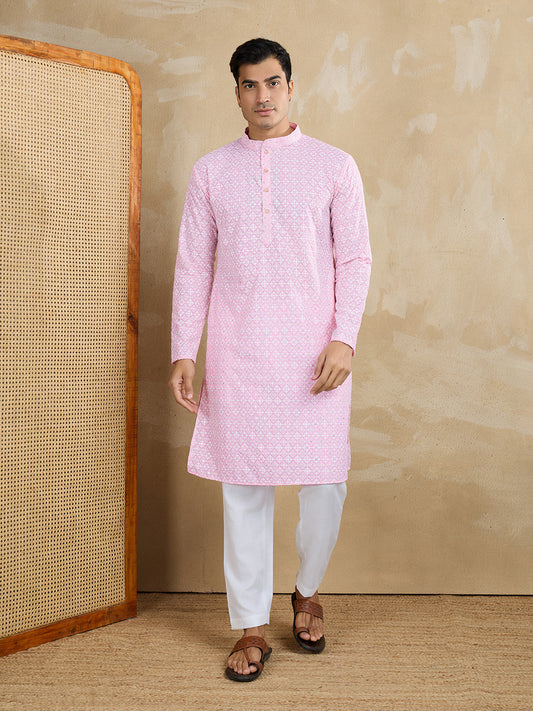 Floral Embroidered Chikankari Mandarin Collar Straight Kurta With Trousers