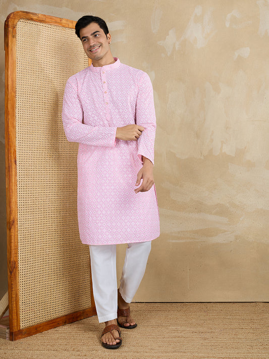 Floral Embroidered Chikankari Mandarin Collar Straight Kurta With Trousers
