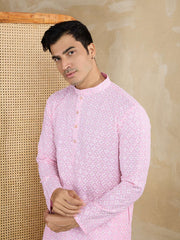 Floral Embroidered Chikankari Mandarin Collar Straight Kurta With Trousers