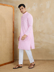Floral Embroidered Chikankari Mandarin Collar Straight Kurta With Trousers