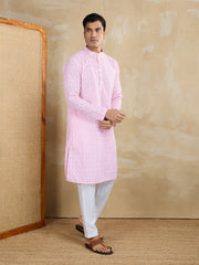 Floral Embroidered Chikankari Mandarin Collar Straight Kurta With Trousers