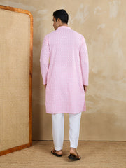 Floral Embroidered Chikankari Mandarin Collar Straight Kurta With Trousers