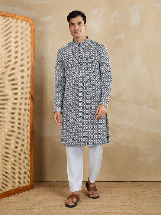Men Woven Design Embroidered Kurta with Pyjama