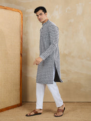 Men Woven Design Embroidered Kurta with Pyjama