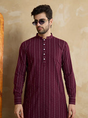 Striped Woven Design Mandarin Collar Cotton Straight Kurta