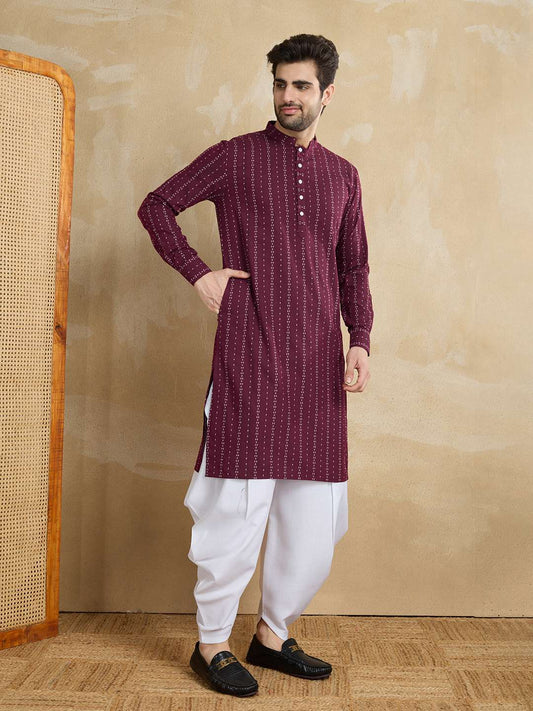 Men Woven Design Mandarin Collar Straight Kurta