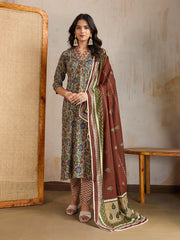 Women Floral Printed A-Line Kurta with Trousers & Dupatta