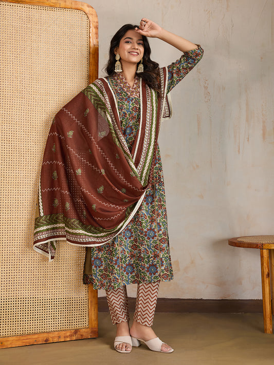 Women Floral Printed A-Line Kurta with Trousers & Dupatta