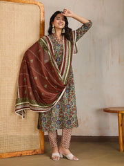 Women Floral Printed A-Line Kurta with Trousers & Dupatta