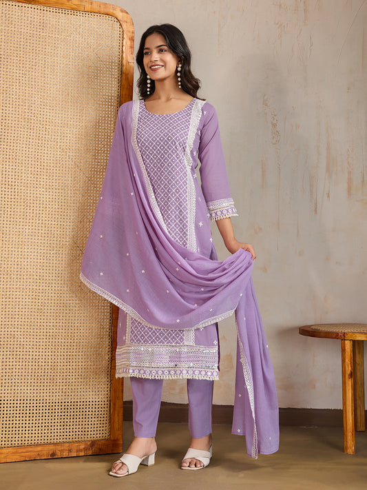 Women Ethnic Motifs Embroidered Regular Thread Work Kurta with Trousers & Dupatta