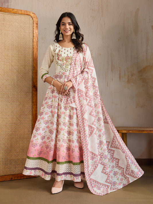 Women Floral Print Regular Thread Work Anarkali Kurta with Trousers & Dupatta