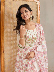 Women Floral Print Regular Thread Work Anarkali Kurta with Trousers & Dupatta