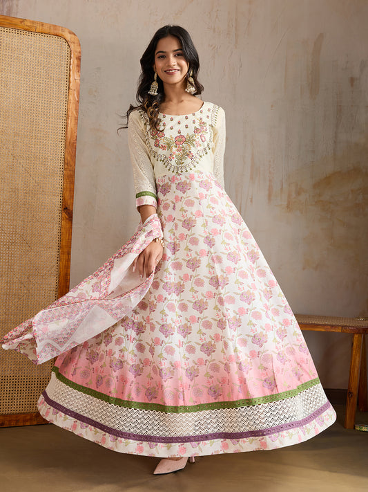 Women Floral Print Regular Thread Work Anarkali Kurta with Trousers & Dupatta