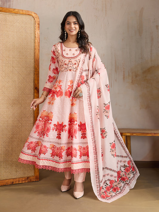Women Floral Embroidered Anarkali Kurta with Trousers & Dupatta