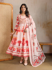 Women Floral Embroidered Anarkali Kurta with Trousers & Dupatta