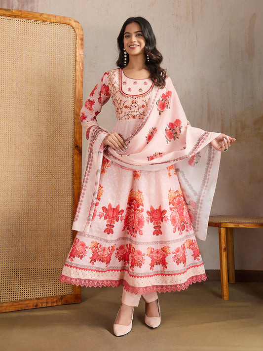 Women Floral Embroidered Anarkali Kurta with Trousers & Dupatta