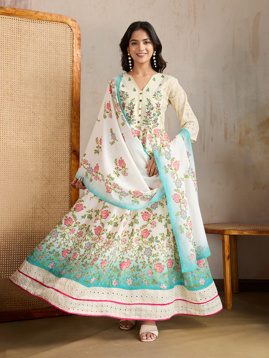 Women Floral Embroidered Thread Work Anarkali Kurta with Trousers & Dupatta