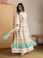 Women Floral Embroidered Thread Work Anarkali Kurta with Trousers & Dupatta