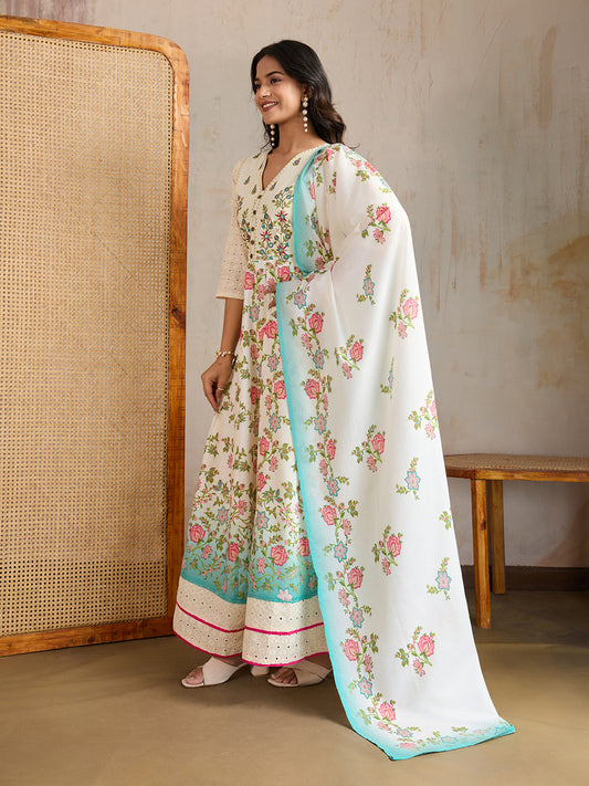 Women Floral Embroidered Thread Work Anarkali Kurta with Trousers & Dupatta