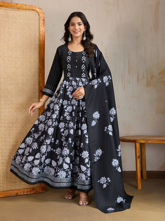 Floral Printed Round Neck Thread Work Kurta With Trousers & Dupatta