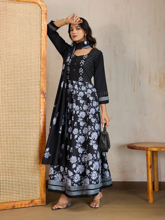 Floral Printed Round Neck Thread Work Kurta With Trousers & Dupatta