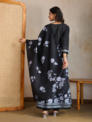 Floral Printed Round Neck Thread Work Kurta With Trousers & Dupatta