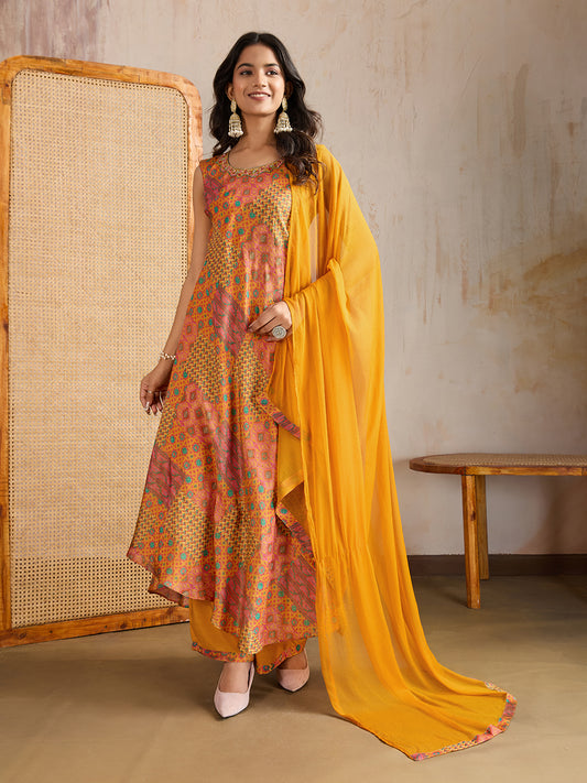 Women Ethnic Motifs Printed Regular Beads and Stones Kurta & Palazzos With Dupatta