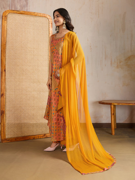 Women Ethnic Motifs Printed Regular Beads and Stones Kurta & Palazzos With Dupatta
