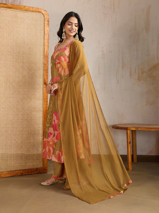 Women Floral Printed Regular Beads and Stones Kurta with Palazzos & Dupatta