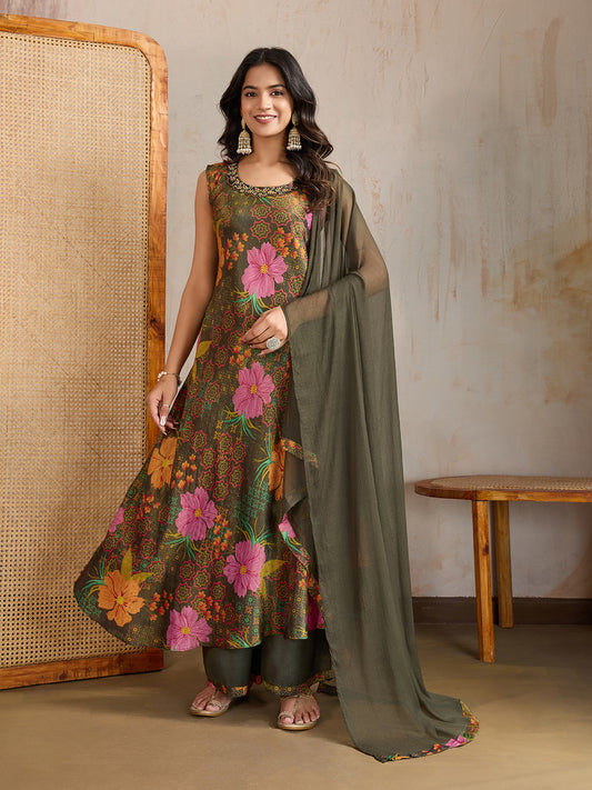 Women Floral Printed Regular Beads and Stones Kurta with Palazzos & With Dupatta