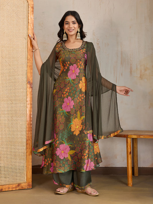 Women Floral Printed Regular Beads and Stones Kurta with Palazzos & With Dupatta