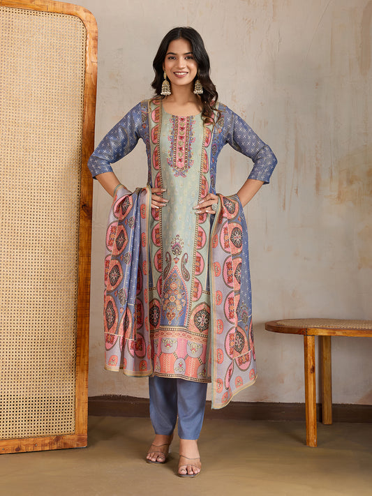 Ethnic Motifs Printed Round Neck Mirror Work Kurta With Trousers & Dupatta