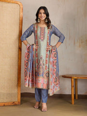 Ethnic Motifs Printed Round Neck Mirror Work Kurta With Trousers & Dupatta