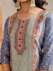 Ethnic Motifs Printed Round Neck Mirror Work Kurta With Trousers & Dupatta