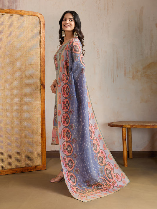 Ethnic Motifs Printed Round Neck Mirror Work Kurta With Trousers & Dupatta