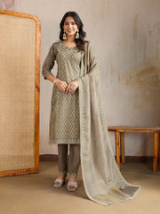 Ethnic Motifs Embroidered Notch Neck Thread Work Kurta With Trousers & Dupatta