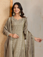 Ethnic Motifs Embroidered Notch Neck Thread Work Kurta With Trousers & Dupatta