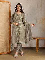 Ethnic Motifs Embroidered Notch Neck Thread Work Kurta With Trousers & Dupatta